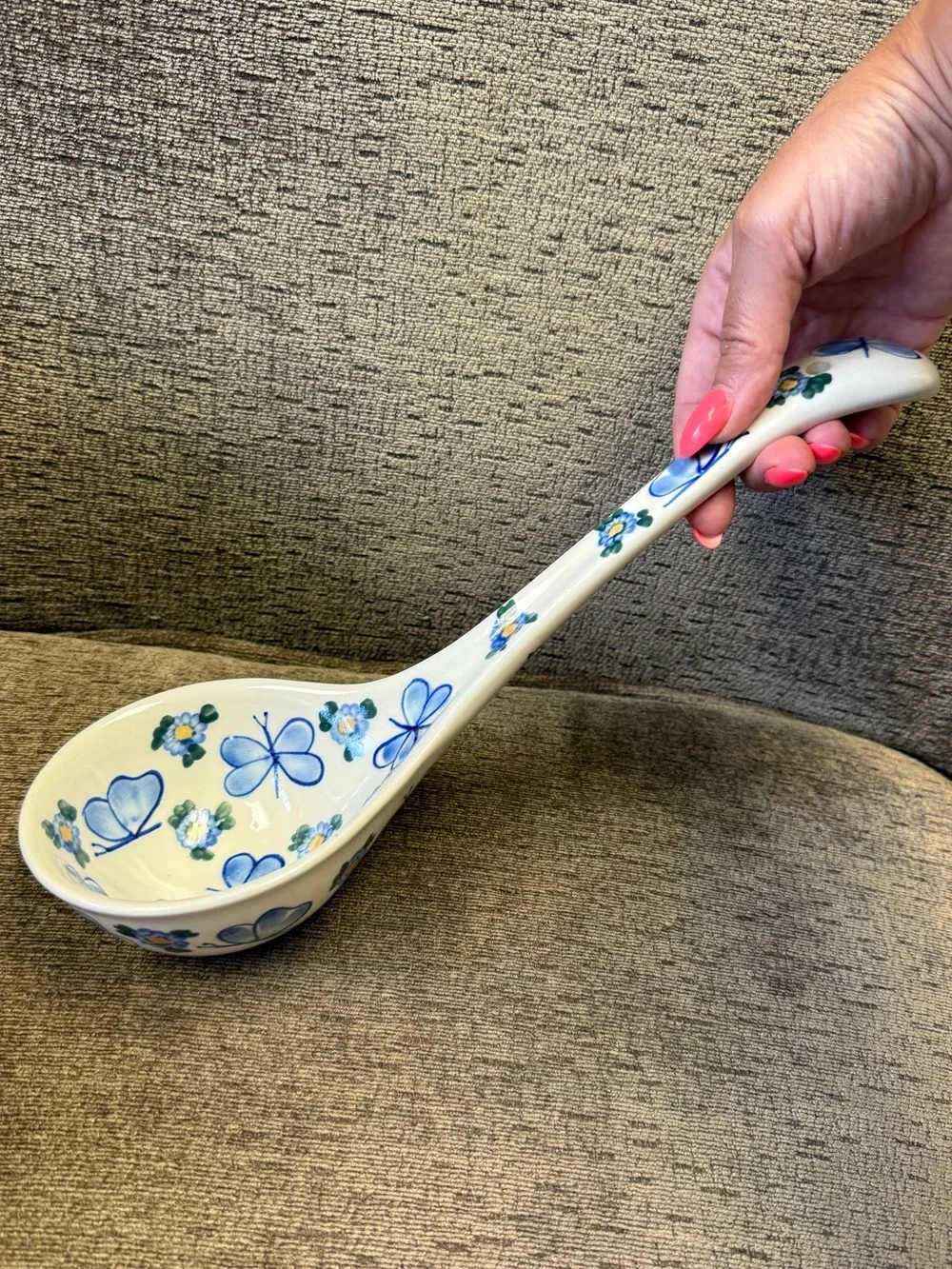 Polish Pottery Blue Butterfly & Floral Ceramic Large Ladle Signed A. Beszayi.